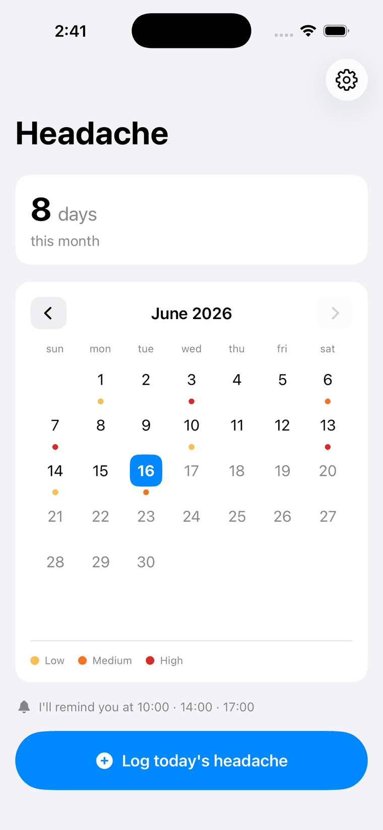 Headache Logs home screen with monthly calendar