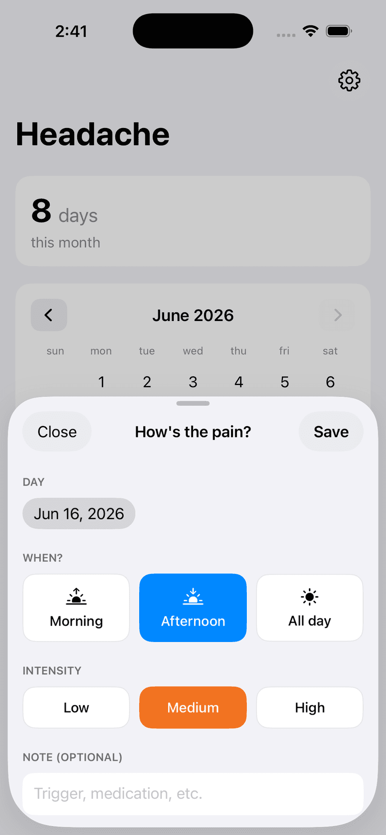 Quick log sheet with day, time of day and intensity