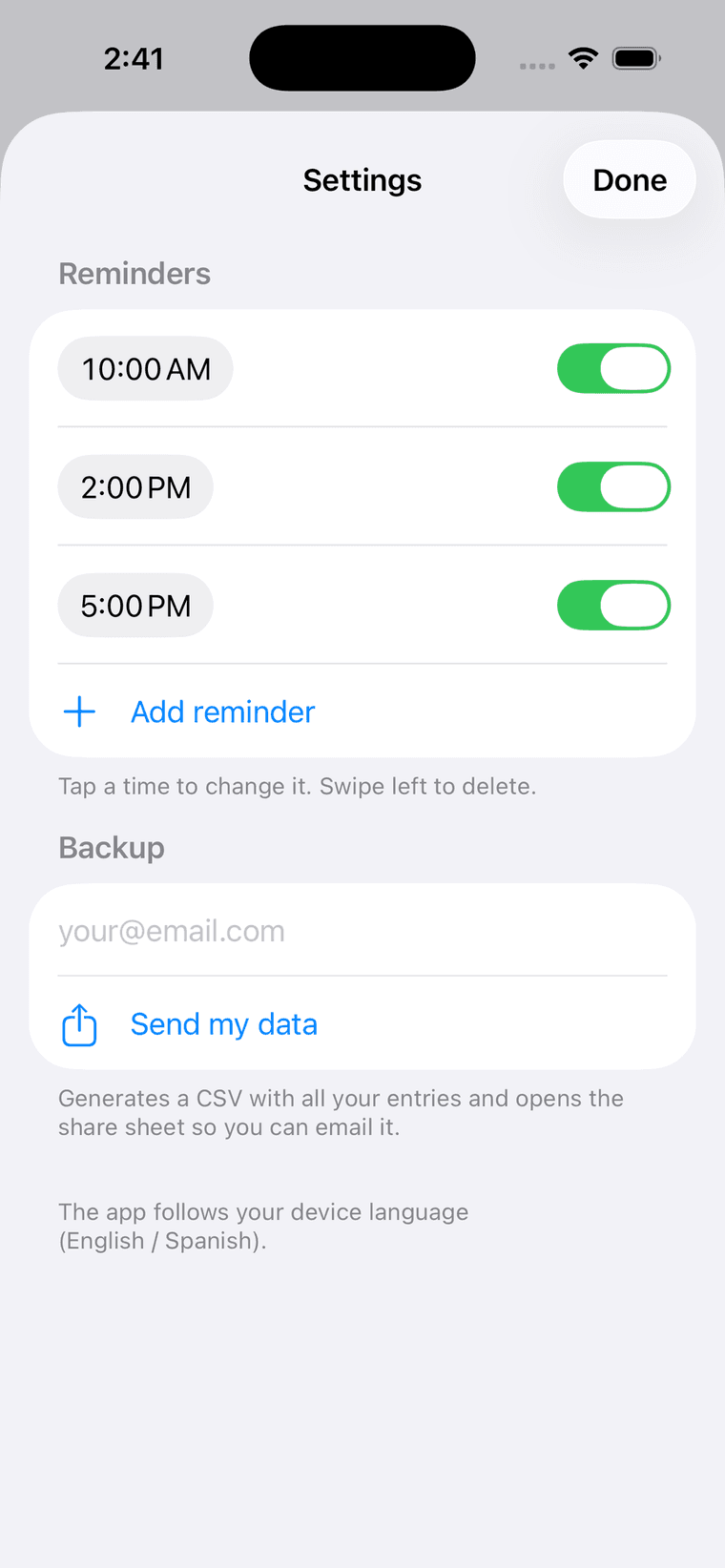 Settings screen with reminders and data export